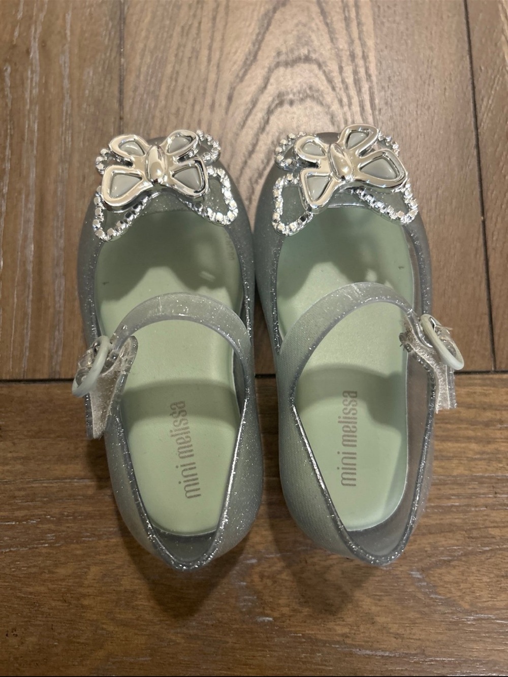 Mini Melissa Girls' Silver Glitter Mary Jane Shoes with Butterfly